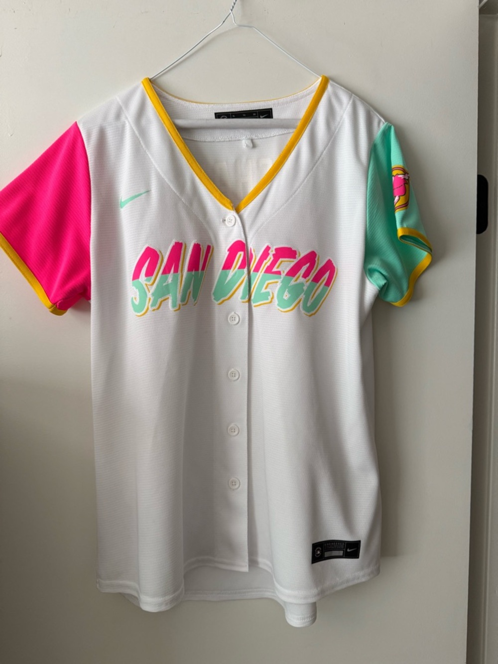 Nike White Padres City Connect Baseball Jersey with Pink & Mint Colorblock